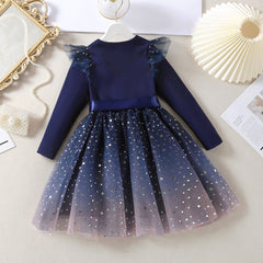 Blue Full Sleeves Ruffle Trim Star Sequin Embellished Tutu Belted Dress From 1-6 Years