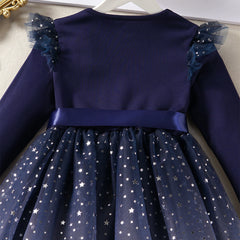 Blue Full Sleeves Ruffle Trim Star Sequin Embellished Tutu Belted Dress From 1-6 Years