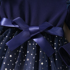 Blue Full Sleeves Ruffle Trim Star Sequin Embellished Tutu Belted Dress From 1-6 Years