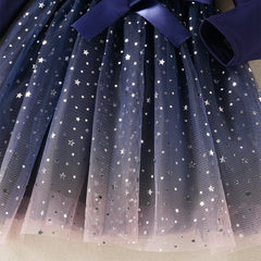 Blue Full Sleeves Ruffle Trim Star Sequin Embellished Tutu Belted Dress From 1-6 Years