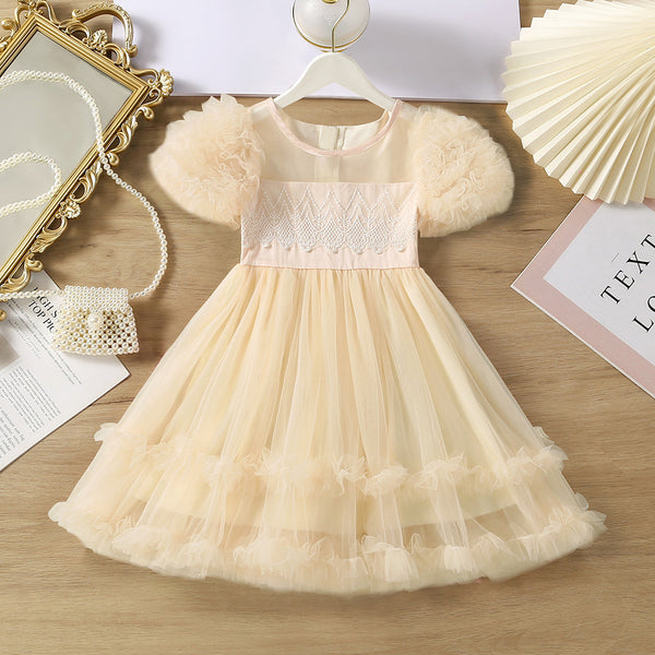 Peach Short Baloon Sleeves Smocked Ruched Fit & Flare Dress From 3-7 years