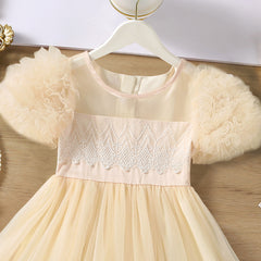 Peach Short Baloon Sleeves Smocked Ruched Fit & Flare Dress From 3-7 years