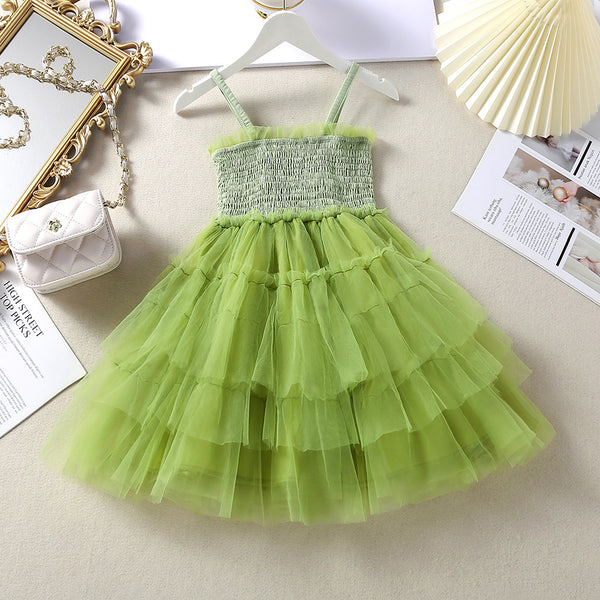 Off Shoulder Shirred Contrast Mesh Layered Tulle Midi Dress From 1- 6 Years