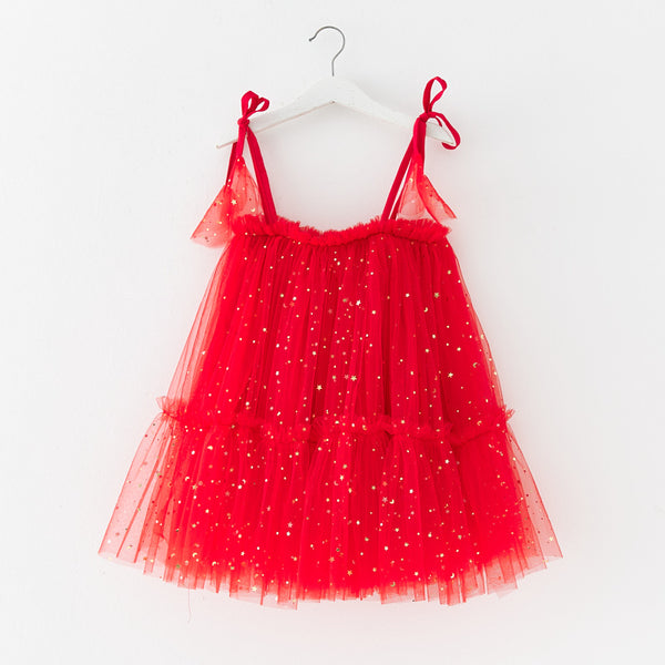 Sleeveless Star Moon Sequinned Paillette Tie-Up Shoulder Tulle Dress From 9 Months - 6 Years