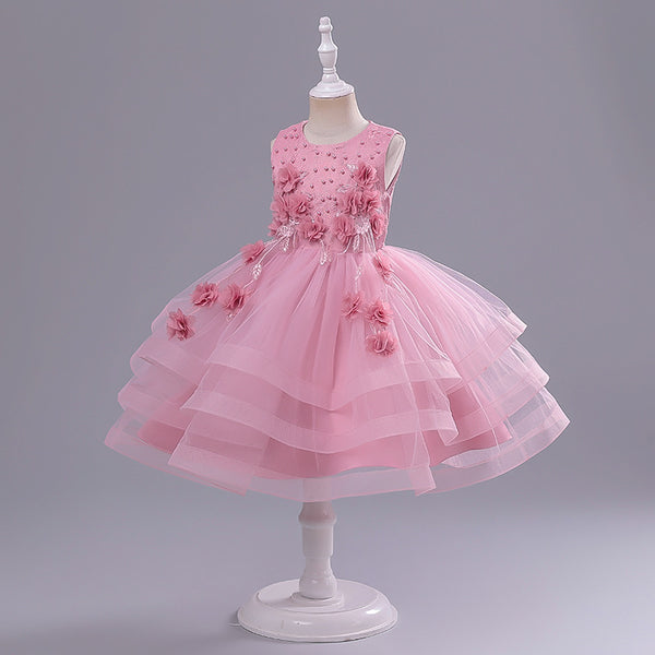 Pink Sleeveless 3D Floral Applique Layered Flared Frock Dress From 3 - 8 Years