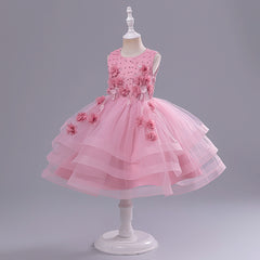 Pink Sleeveless 3D Floral Applique Layered Flared Frock Dress From 3 - 8 Years