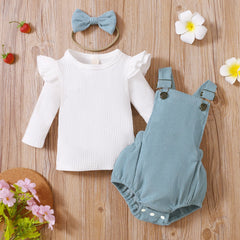 Half Sleeves Ribbed Ruffle Top With Suspender Romper & Headband 3 Months - 2 Years