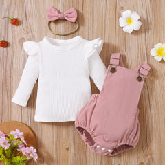 Half Sleeves Ribbed Ruffle Top With Suspender Romper & Headband 3 Months - 2 Years