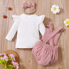 Half Sleeves Ribbed Ruffle Top With Suspender Romper & Headband 3 Months - 2 Years