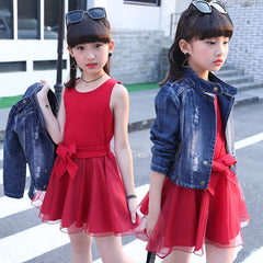 Red Sleeveless Bow Belted Dress With Denim Jacket From 3 - 9 Years