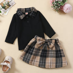 Full Sleeves Contrast Collar Tee With Plaid Bow Attached Skirt From 6 Months - 2.5 Years