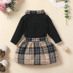 Full Sleeves Contrast Collar Tee With Plaid Bow Attached Skirt From 6 Months - 2.5 Years