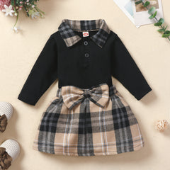 Full Sleeves Contrast Collar Tee With Plaid Bow Attached Skirt From 6 Months - 2.5 Years