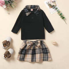 Full Sleeves Contrast Collar Tee With Plaid Bow Attached Skirt From 6 Months - 2.5 Years