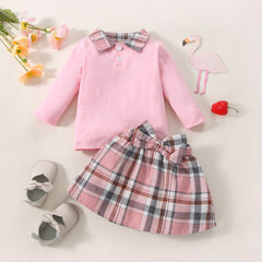 Full Sleeves Contrast Collar Tee With Plaid Bow Attached Skirt From 6 Months - 2.5 Years