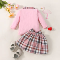 Full Sleeves Contrast Collar Tee With Plaid Bow Attached Skirt From 6 Months - 2.5 Years