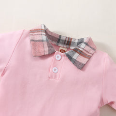 Full Sleeves Contrast Collar Tee With Plaid Bow Attached Skirt From 6 Months - 2.5 Years