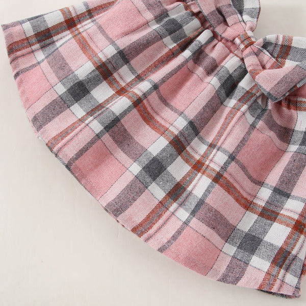 Full Sleeves Contrast Collar Tee With Plaid Bow Attached Skirt From 6 Months - 2.5 Years