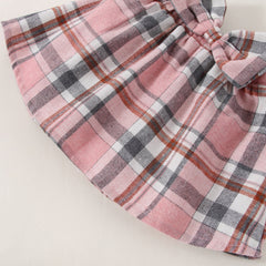 Full Sleeves Contrast Collar Tee With Plaid Bow Attached Skirt From 6 Months - 2.5 Years