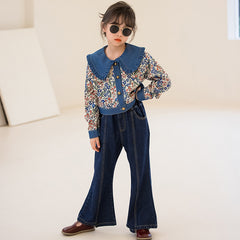 Ful Sleeves Wide Collar Crop Denim Top Raw Hem Flare Bell Bottom Denim Jeans From 3 - 9 Years