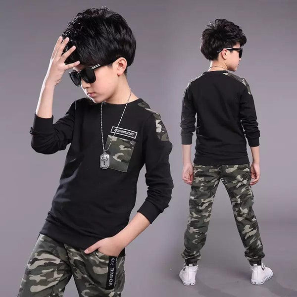 Black Full Sleeves Costume Letter Camouflage Shoulder & Pocket T-Shirt With Camouflage Trousers From 1-9 Years