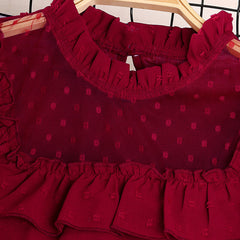 Red Long  Ruffled Seeves Polka Dot Tulle Patchwork Ruched Top & Bow Belted Skirt Set From 7 - 11 Years