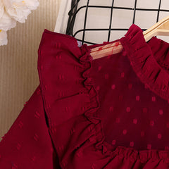 Red Long  Ruffled Seeves Polka Dot Tulle Patchwork Ruched Top & Bow Belted Skirt Set From 7 - 11 Years