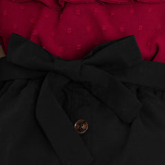 Red Long  Ruffled Seeves Polka Dot Tulle Patchwork Ruched Top & Bow Belted Skirt Set From 7 - 11 Years