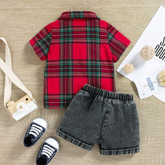 Red Half Sleeves Checkered Casual Shirt With Black Denim Shorts From 3 Months - 3 Years