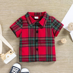 Red Half Sleeves Checkered Casual Shirt With Black Denim Shorts From 3 Months - 3 Years