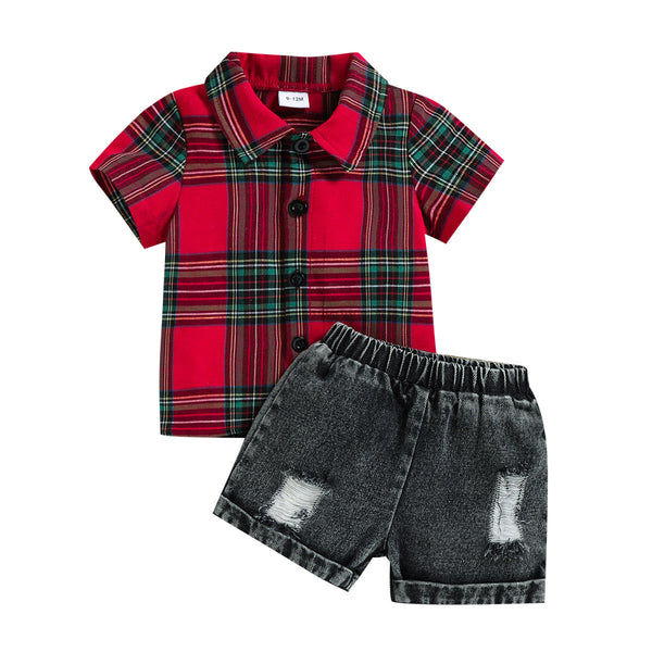 Red Half Sleeves Checkered Casual Shirt With Black Denim Shorts From 3 Months - 3 Years