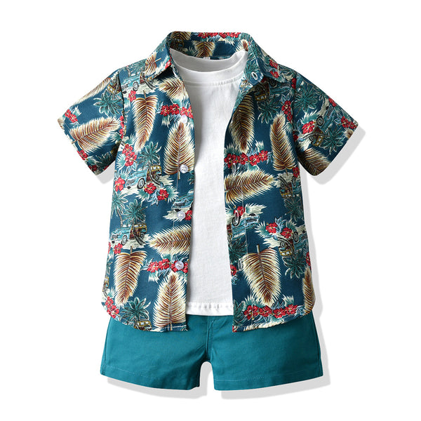 Short Sleeves Hawaiian Style Shirt With Vest Tee & Short 3 Piece Set From 9 Months - 6 Years