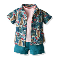 Short Sleeves Hawaiian Style Shirt With Vest Tee & Short 3 Piece Set From 9 Months - 6 Years