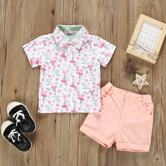 White Half sleeves Overall Up-Down Swan Printed Shirt With Pink Shorts From 1- 6 Years