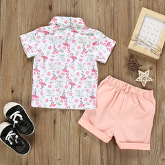 White Half sleeves Overall Up-Down Swan Printed Shirt With Pink Shorts From 1- 6 Years