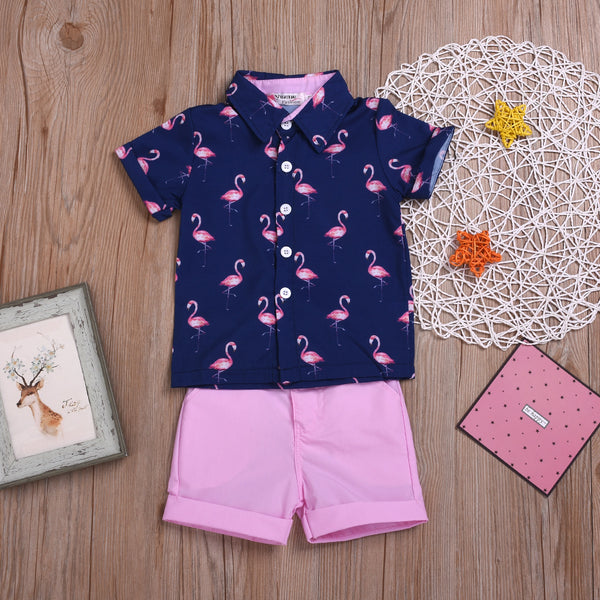 Blue Half sleeves Overall Swan Printed Shirt With Pink Shorts From 1- 6 Years