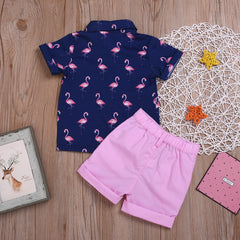 Blue Half sleeves Overall Swan Printed Shirt With Pink Shorts From 1- 6 Years