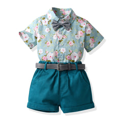 Blue Half Sleeves Overall Floral Printed Shirt & Shorts With Belt & Bow Tie From 3 Months - 6 Years