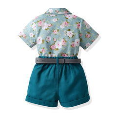 Blue Half Sleeves Overall Floral Printed Shirt & Shorts With Belt & Bow Tie From 3 Months - 6 Years