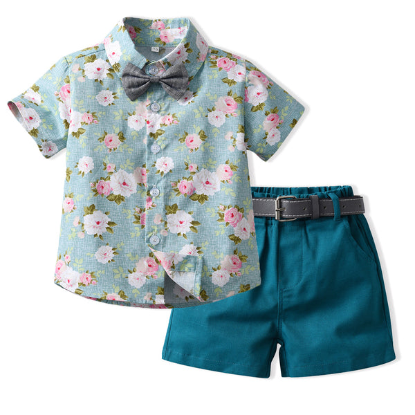 Blue Half Sleeves Overall Floral Printed Shirt & Shorts With Belt & Bow Tie From 3 Months - 6 Years