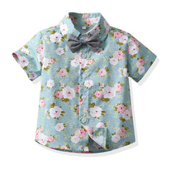 Blue Half Sleeves Overall Floral Printed Shirt & Shorts With Belt & Bow Tie From 3 Months - 6 Years