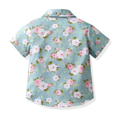 Blue Half Sleeves Overall Floral Printed Shirt & Shorts With Belt & Bow Tie From 3 Months - 6 Years