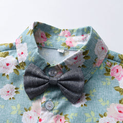 Blue Half Sleeves Overall Floral Printed Shirt & Shorts With Belt & Bow Tie From 3 Months - 6 Years