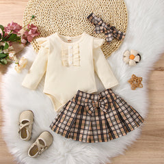 Full Sleeves Ruffle Romper Top With Plaid Bow Attached Skirt & Headband From New-Born - 3 Years