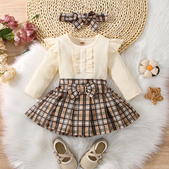 Full Sleeves Ruffle Romper Top With Plaid Bow Attached Skirt & Headband From New-Born - 3 Years