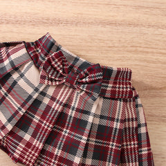 Full Sleeves Ruffle Romper Top With Plaid Bow Attached Skirt & Headband From New-Born - 3 Years