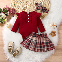 Full Sleeves Ruffle Romper Top With Plaid Bow Attached Skirt & Headband From New-Born - 3 Years