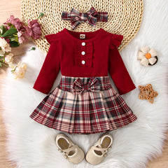 Full Sleeves Ruffle Romper Top With Plaid Bow Attached Skirt & Headband From New-Born - 3 Years