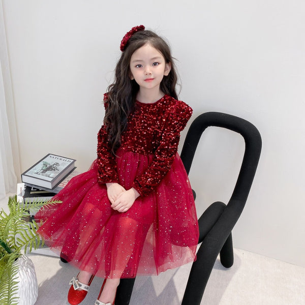 Red Long Sleeves Sequin Sparkling Tulle Princess Velvet Dress From 2 - 8 Years