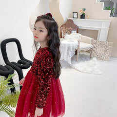 Red Long Sleeves Sequin Sparkling Tulle Princess Velvet Dress From 2 - 8 Years